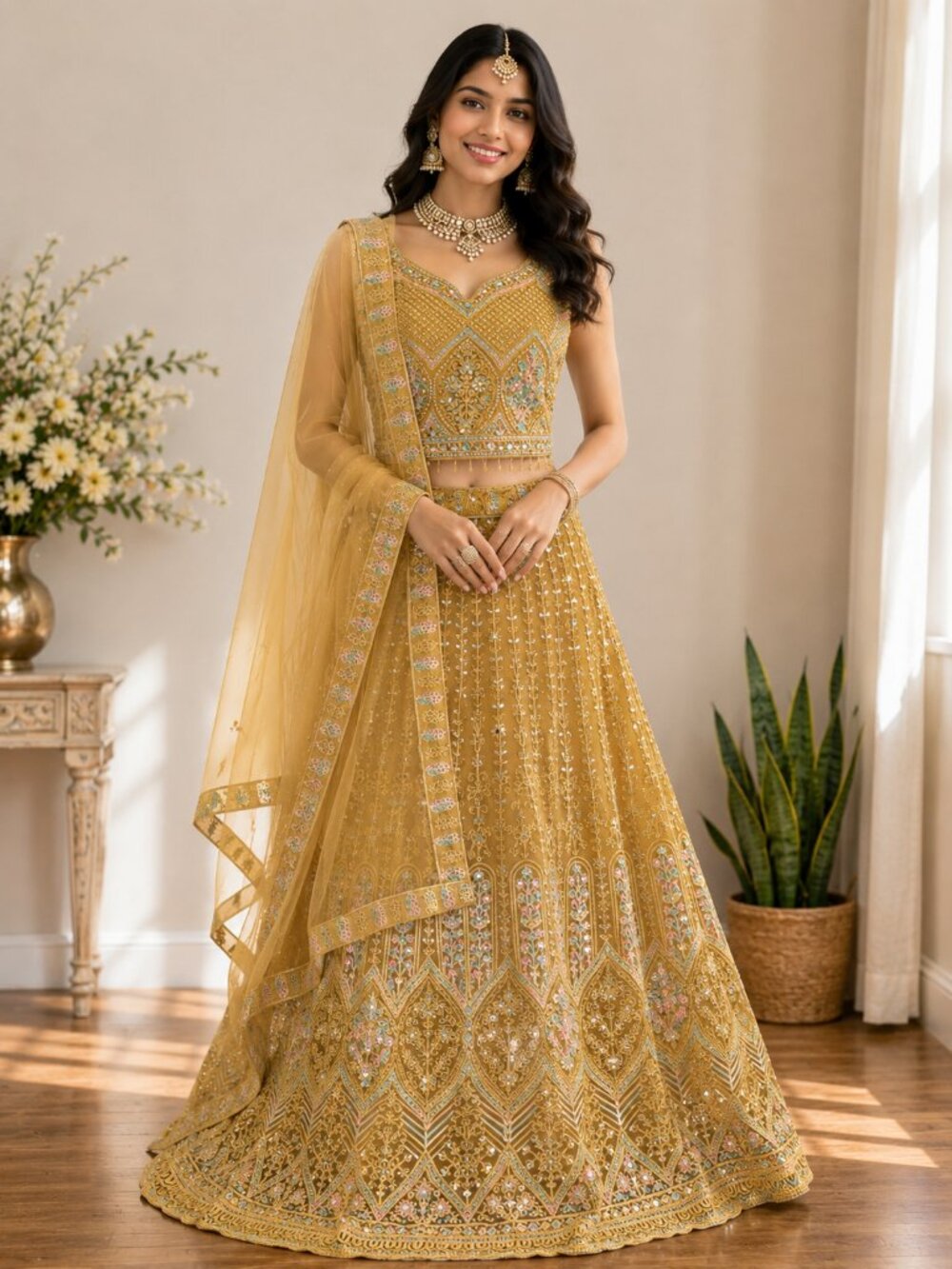 Embellished Yellow Mustard Mirror Work Designer Lehenga Choli Set